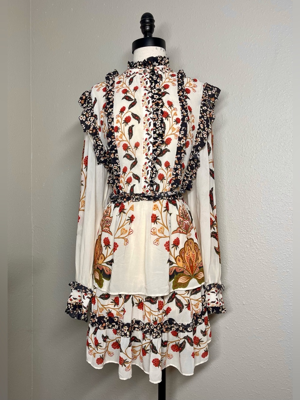 FARM Rio Cream Floral Long-Sleeve Tiered Ruffle Mock Neck Dress XL - Picture 5 of 9